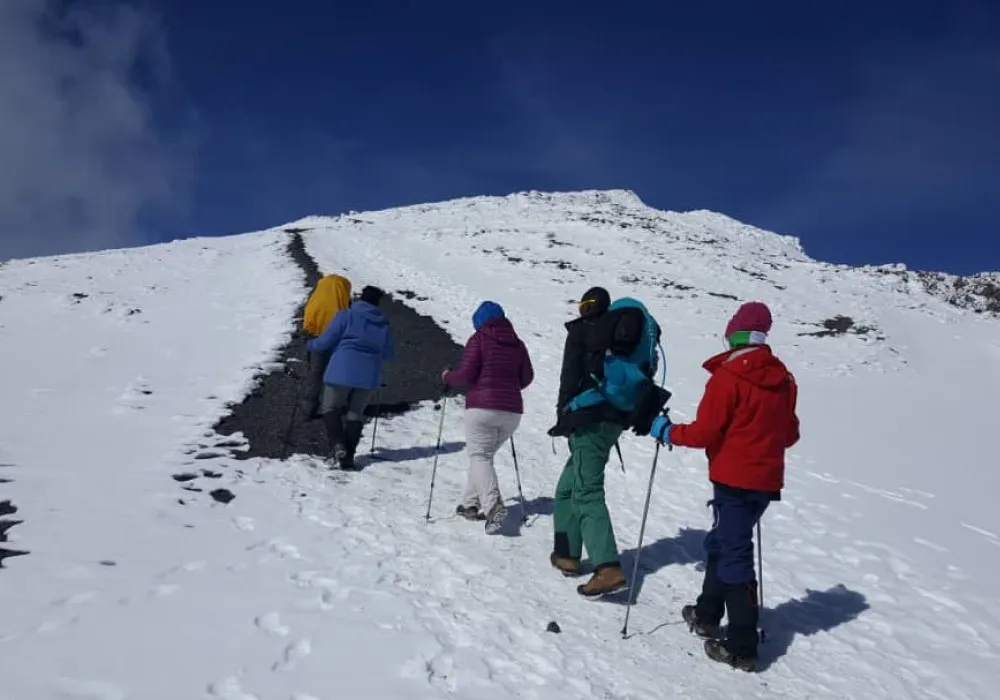 Kilimanjaro hikers walking through snow on the way to Uhuru Peak