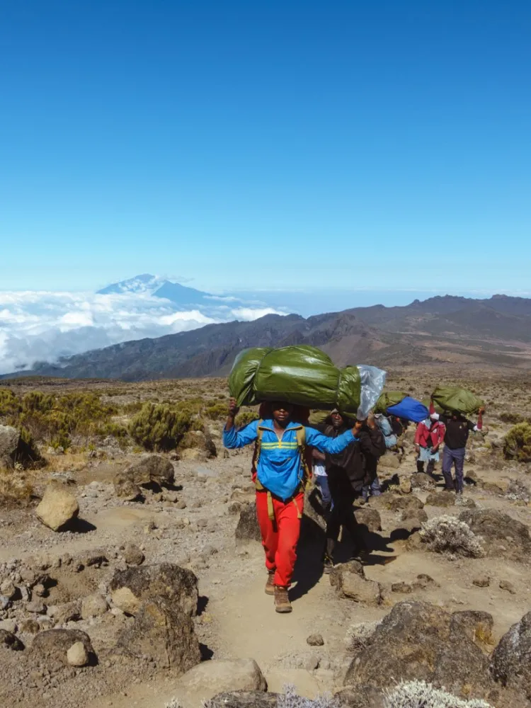 Kilimanjaro porters carrying expedition gear between mountain camps