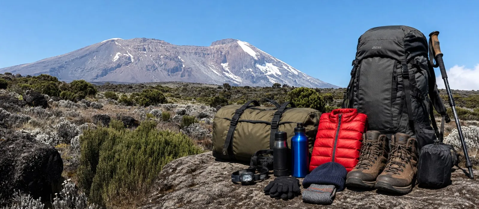 Kilimanjaro packing gear with Mount Kilimanjaro in the background