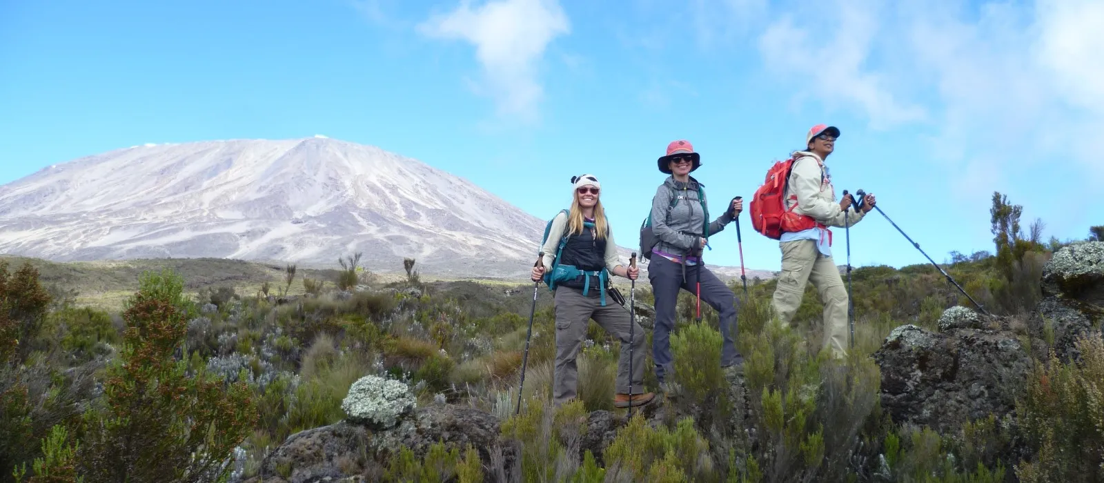 Hikers preparing to climb Kilimanjaro with Mount Kilimanjaro in the background