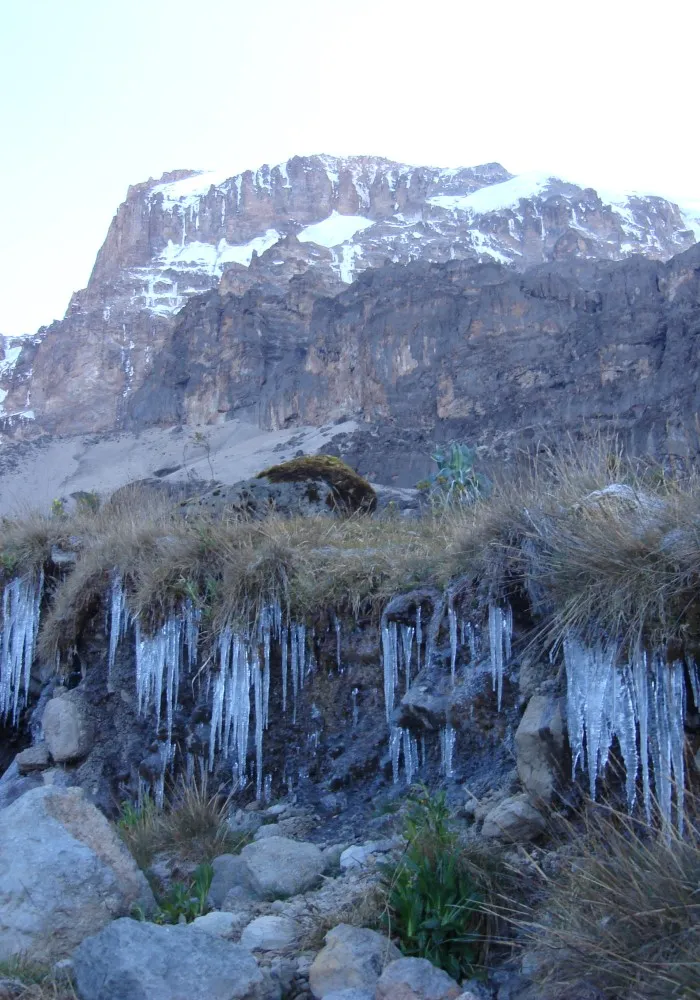 Cold and icy weather conditions at Barranco Camp on Mount Kilimanjaro
