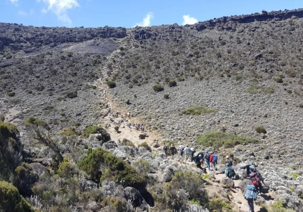 Hikers crossing Karanga Valley on Mount Kilimanjaro