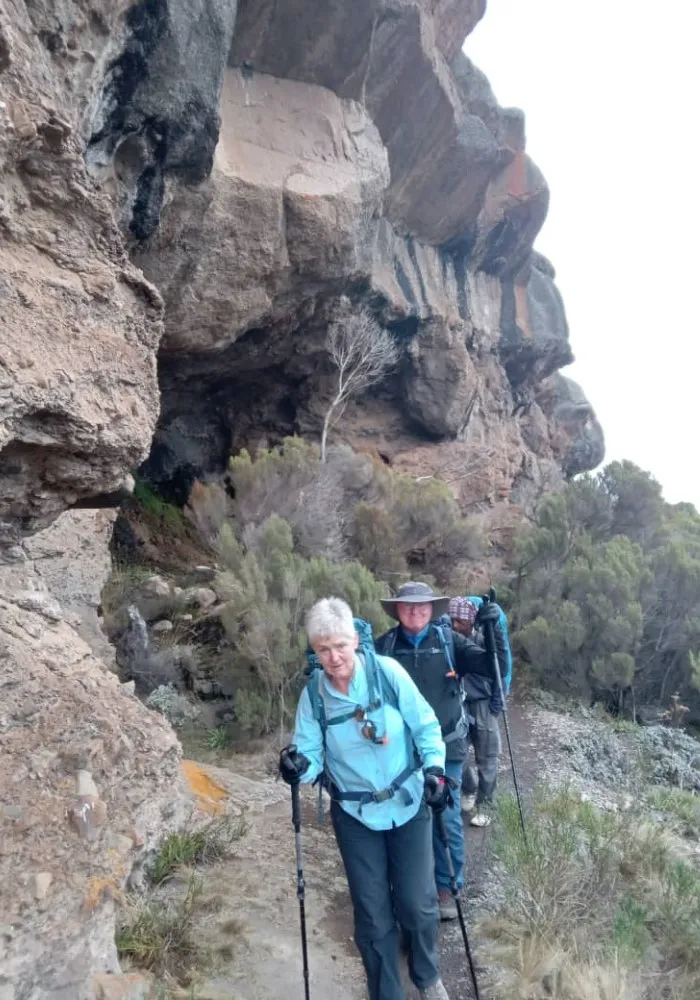 Hikers trekking through the remote terrain of the Kilimanjaro Northern Circuit Route