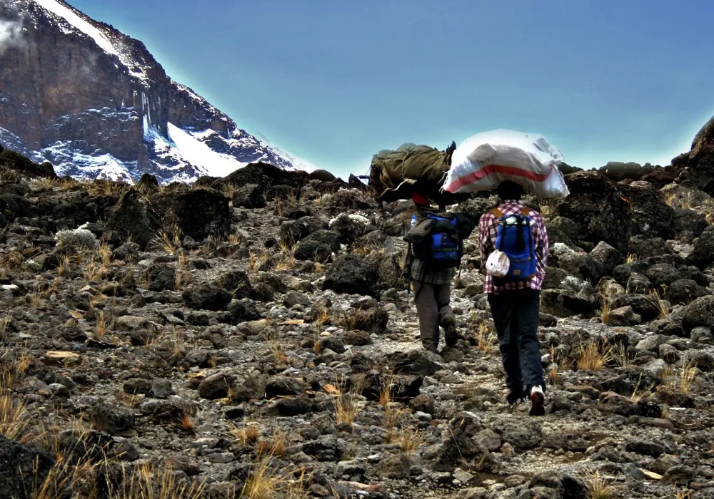Kilimanjaro porters carrying expedition equipment across rocky mountain terrain
