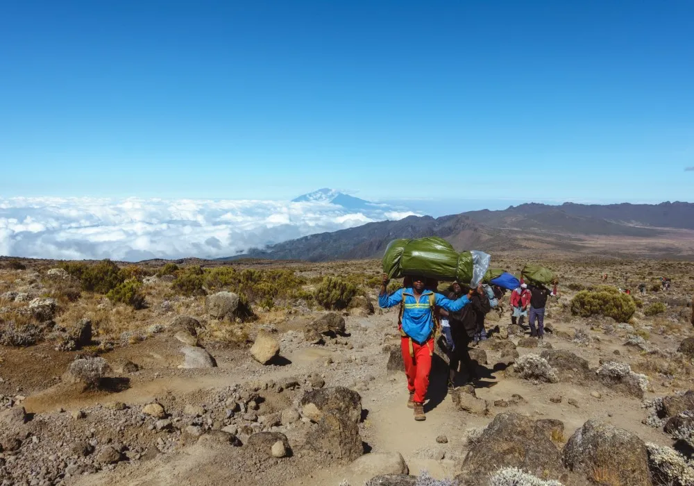 Kilimanjaro porters carrying luggage and expedition equipment on the mountain